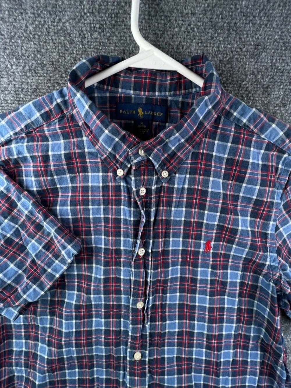 Ralph Lauren Boys Button Up Shirt Short Sleeve Blue Red Plaid XL 18-20 Cotton